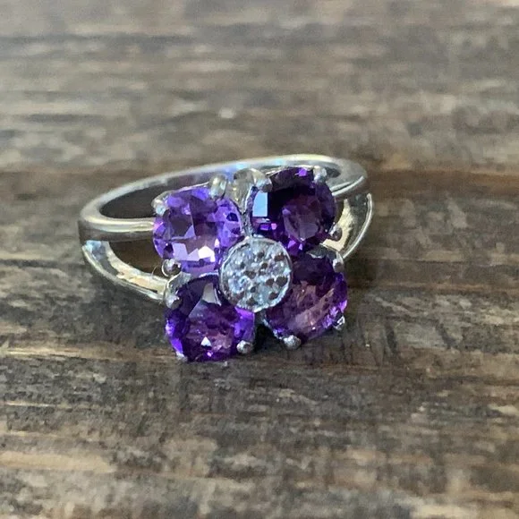 -Sterling Amethyst Floral Ring | Size 5 | Celestial Luxe Sparkle - Picture 6 of 14